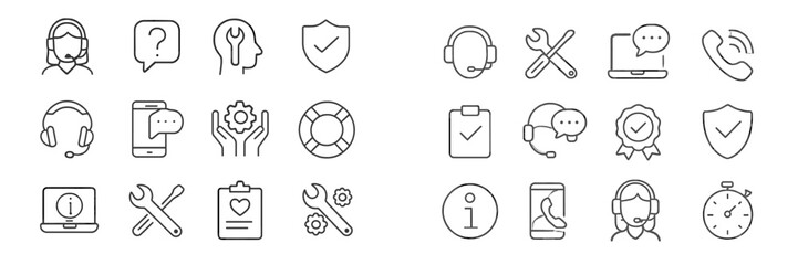 Leinwandbilder - Collection of icons representing customer support, troubleshooting, and technical assistance activities across various devices and platforms