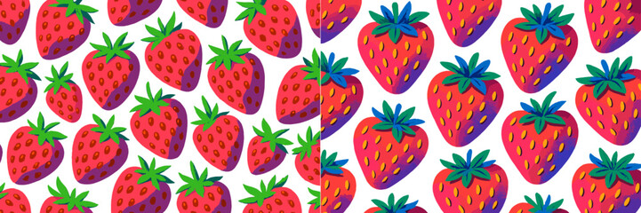 Poster - Colorful repeating pattern of vibrant strawberries against a white background suitable for various design projects and textiles