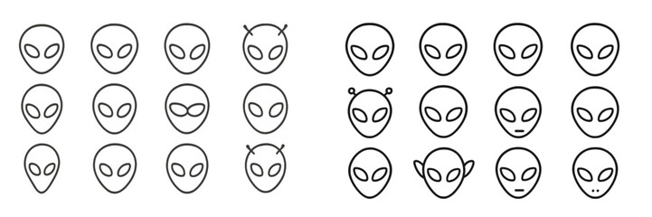 Leinwandbilder - Collection of various alien illustrations showcasing different facial features and expressions in a minimalist black and white style