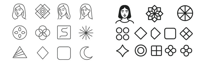 Aufkleber - Graphic design showcasing black line art of human faces, geometric shapes, and various patterns in a minimalist style