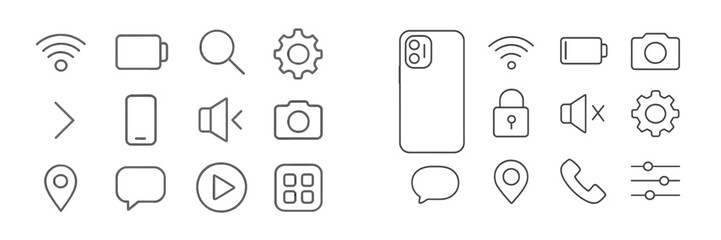 Fototapete - Icons representing technology features including connectivity, photography, and device settings on a minimalistic background