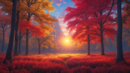 Wall Mural - autumn woodland landscape. vivid dawn amidst a riot of color in the forest, with sunlight filtering 