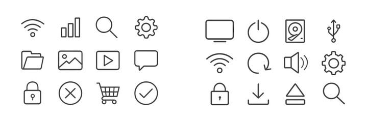 Fototapete - Collection of simple digital icons representing common functions and features for user interface design