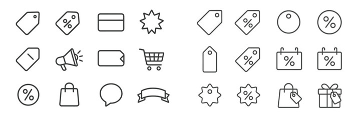 Aufkleber - Shopping icons for sales and discounts featuring tags, carts, and promotional elements in a minimalist design