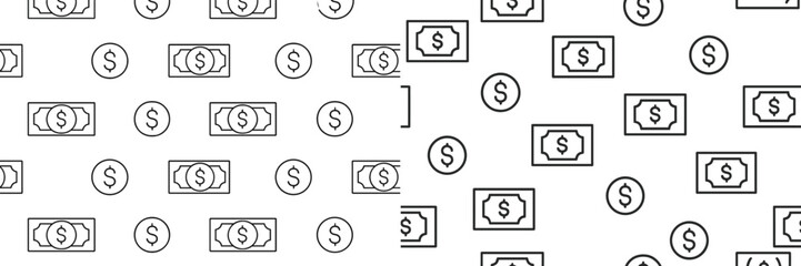 Poster - Patterns of dollar bills and coins in black and white showing economic themes and financial symbols in simple design