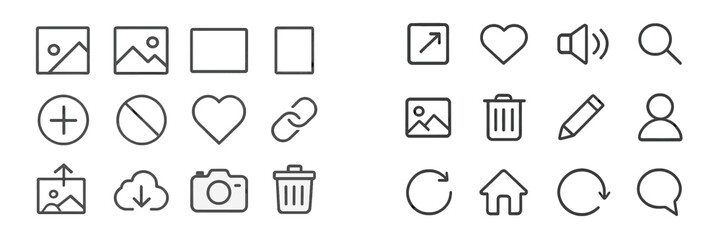 Aufkleber - Collection of minimalist icons representing common digital actions and interface elements displayed in a grid layout