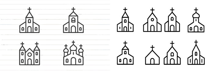 Poster - Stylized illustrations of various church designs with intricate details and different architectural elements in a clean layout