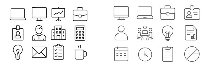 Leinwandbilder - Business and technology icons representing various professional activities and concepts in a modern workspace setting