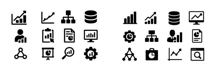 Leinwandbilder - Black and white icons representing data analysis, charts, and business metrics commonly used in digital applications