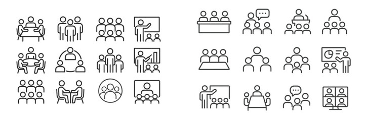 Fototapete - Icon set depicting various group activities and interactions in professional settings including meetings and presentations
