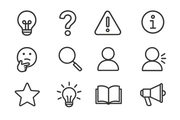 Aufkleber - Collection of various icons including lightbulb, question mark, and exclamation sign on a clean background