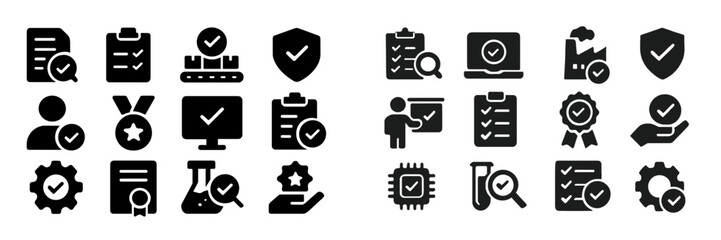 Poster - Icons representing quality assurance and certification processes in various settings during a business meeting on a clear day