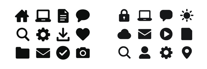 Fototapete - Collection of black icons representing various digital and online activities, neatly organized in two rows