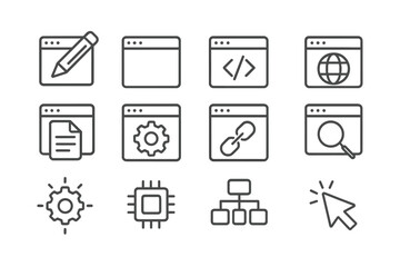 Fototapete - Collection of vector icons representing web development tools and processes in a minimalist design