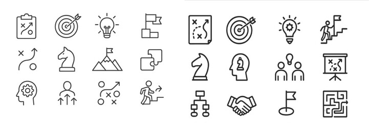 Poster - Business planning and strategy symbols with various icons representing goals, teamwork, and problem-solving activities