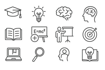 Aufkleber - Icons representing education and learning concepts in a simple, minimalist style featured in a creative layout on a white background