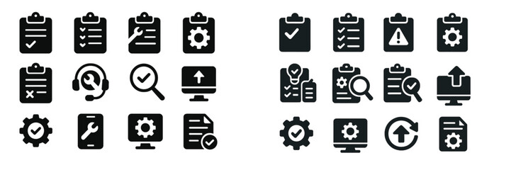 Leinwandbilder - Clipboards with checklists, gears, and icons representing project management and team collaboration in a modern workspace
