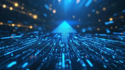 Wall Mural - futuristic digital blue arrow pointing forward on abstract high-tech background with glowing data li