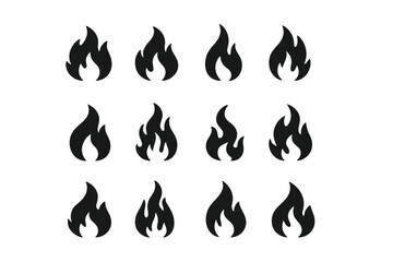 Leinwandbilder - Collection of black flame icons arranged in a grid showing various styles and sizes of fire symbols for graphic design use