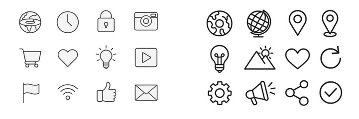 Aufkleber - Collection of minimalistic icons representing various online activities, features, and symbols commonly used in digital interfaces