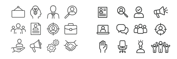 Poster - Visual representation of various business and teamwork concepts including hiring, collaboration, and communication