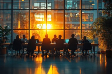 Poster - Business meeting at sunset in modern office overlooking city skyscrapers, people working together around table with laptops and drinks