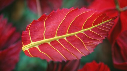 Wall Mural - abstract red-striped foliage from nature, close-up of leaf texture background.