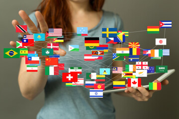 Poster - Image of a woman connecting with various countries' flags, representing global communication and networking.