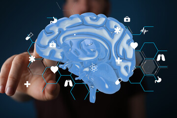 Aufkleber - High-quality stock photo of a 3D brain model with medical icons, perfect for healthcare, technology, and neuroscience.