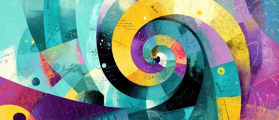 Wall Mural - vibrant abstract spiral painting with geometric shapes in yellow, purple, and turquoise modern artis