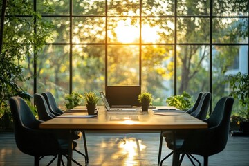 Poster - Business meeting at sunset in modern office overlooking city skyscrapers, people working together around table with laptops and drinks