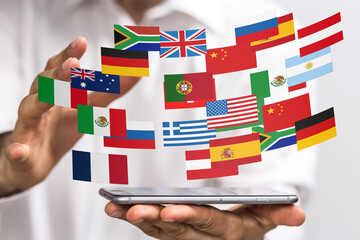 Poster - Person holding smartphone displaying flags of various countries, symbolizing global communication and international business.