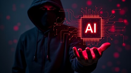 Hacker holding artificial intelligence circuitry