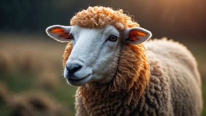 Wall Mural - a sheep with a white face and orange wool is gazing at the camera.