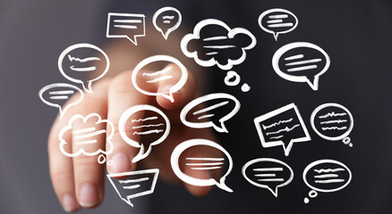 Aufkleber - Image of hand interacting with digital speech bubbles,perfect for communication, social media, or teamwork concepts.