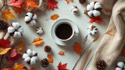 Wall Mural - Autumn composition featuring a cup of coffee, cotton flowers, and sweater in the background. Flat lay, top view with space for text.