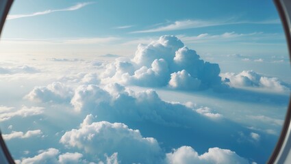 Wall Mural - Aerial view from airplane window showcasing the ground below. View from the airplane window featuring stunning clouds. Earth and sky visible through the airplane window.
