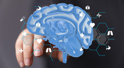Aufkleber - 3D brain model with medical icons.  Neurology, healthcare, technology.