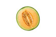 © Tanicsean - Cantaloupe melon slice revealing orange flesh with central seed cavity and pale fibers, isolated on a transparent background