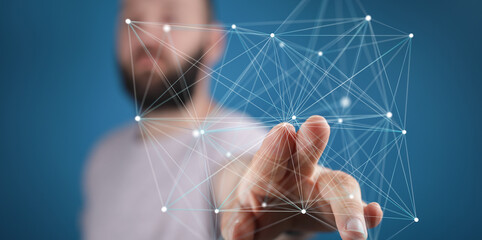 Poster - Abstract image of a man's hand interacting with a digital network, representing connection and technology.