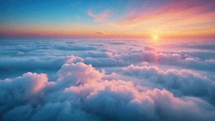 Wall Mural - aerial view of yellow sunset casting light over white puffy clouds with distant mountains on horizon