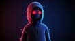 © Creativejulia - Mysterious hooded figure with glowing red eyes and glitch effect, symbolizing hacker, cyber security, or anonymity