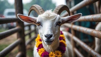 Wall Mural - A white goat, adorned with a decorative garland around its neck. The creature features long, droopy ears and short horns.