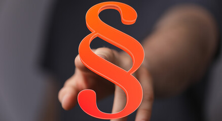 Aufkleber - Abstract image of a hand interacting with a 3D paragraph symbol, representing law, legal concepts, and regulations.