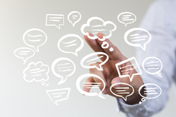 Aufkleber - Image depicts hand interacting with digital chat bubbles, symbolizing communication, social media, and connection.