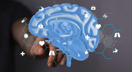 Leinwandbilder - 3D brain model with medical icons.  Digital health, neuroscience, AI.