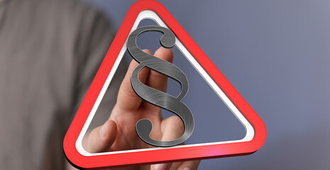 Aufkleber - Stock photo of a hand holding a warning sign with a paragraph symbol.  Perfect for legal, law, and regulation concepts.