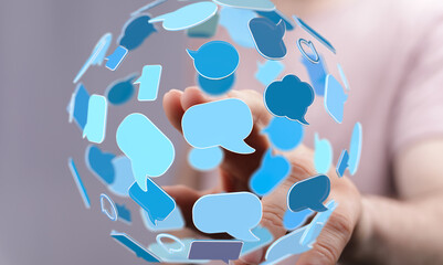 Aufkleber - Abstract image of a hand holding digital speech bubbles, representing global communication and networking.