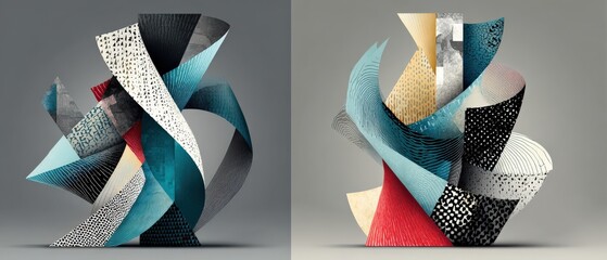 Wall Mural - abstract geometric sculpture with textured paper, vibrant colors, and dynamic shapes modern art conc