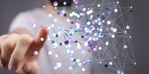 Aufkleber - Abstract image of a person interacting with a complex network, representing global connectivity, data, and technology.